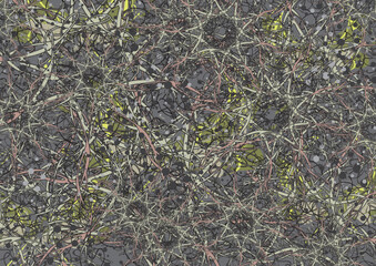 Chaotic linear dark floral and butterfly backdrop for textiles or fabrics. Textured background with dots for fashion, business concepts, covers, interior solutions, tiles, prints, dynamic posters