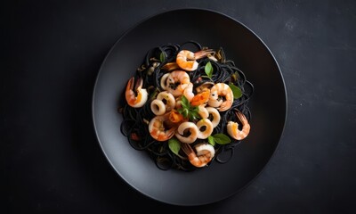 Exquisite black spaghetti with seafood on a dark backdrop elevates the fine dining experience