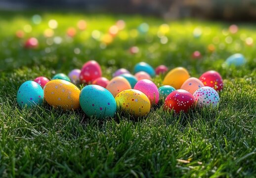 Colorful Easter eggs with various patterns scattered on green grass in bright sunlight creating a festive and lively atmosphere