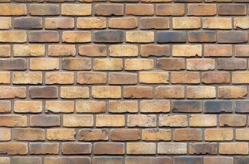 Fototapeta premium Close-up view of a textured brick wall with mixed shades of yellow, brown, and light orange bricks arranged in a horizontal pattern