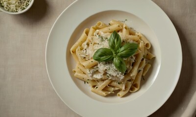 Delicious penne pasta dish with parmesan cheese and fresh basil garnish