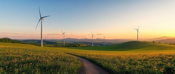 Peaceful landscape with rolling green hills covered in yellow wildflowers and multiple wind turbines under a clear sky at sunset