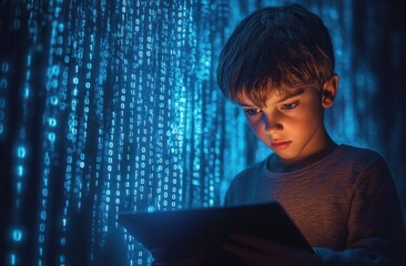 Young boy intensely focused on a digital tablet with streaming blue binary code surrounding him in a dark environment conveying concentration and technology immersion