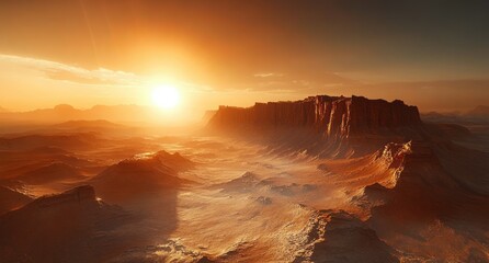 Vast rocky desert landscape with towering cliffs bathed in warm golden sunlight under a clear sky at sunset