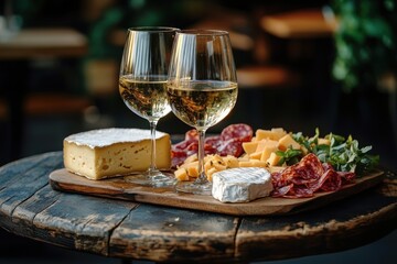 Two glasses of white wine accompanied by assorted cheeses, cured meats, and fresh greens on a rustic wooden table with cozy background lighting