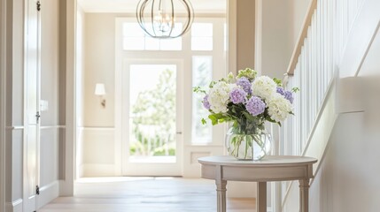 Elegant entrance hall with hydrangea arrangement and natural light pouring through