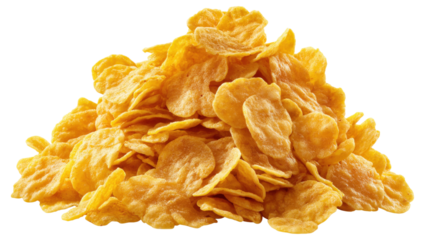 Crunchy corn flakes piled high ready for breakfast or snack isolated on transparent background.