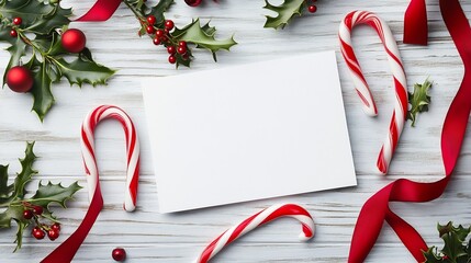 Blank holiday wishcard candy canes mistletoe and ribbon design cheerful tone without wording