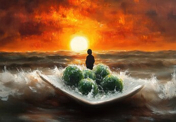 Obraz premium A silhouette of a person standing on a large floating plate with green spheres amidst splashing ocean waves at sunset under a vivid orange sky