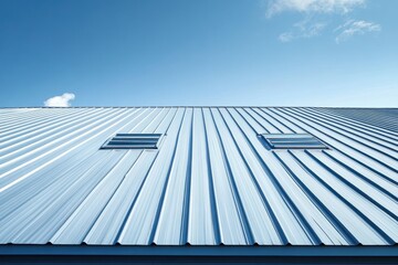 Low angle view of a modern metal building with a corrugated blue roof and two small rectangular windows under a clear blue sky