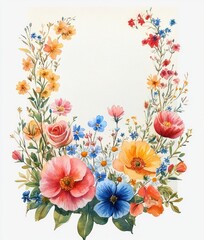 Delicate watercolor painting of various colorful flowers including pink, red, blue, orange, and yellow blossoms arranged in a wreath shape on a white background