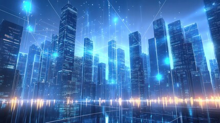 Fototapeta premium Futuristic city skyline with tall illuminated skyscrapers connected by glowing digital network lines against a blue night sky reflecting on a shiny surface