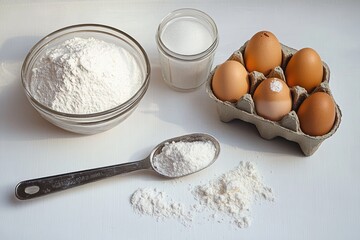 Baking ingredients including a bowl of flour, a jar of sugar, a carton of six brown eggs, and a measuring spoon with baking powder on a white surface