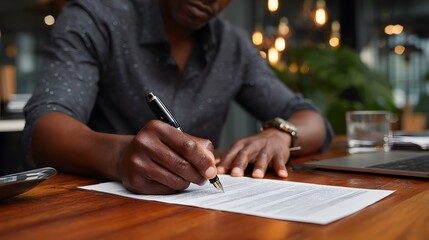 A man signing a document with a pen on a wooden table with a laptop and glass in the background
