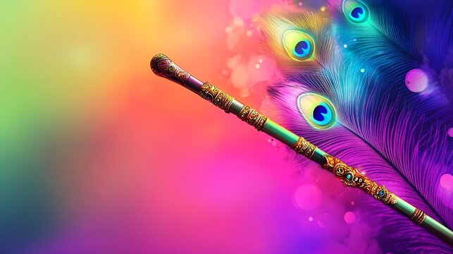 Blank krishna janmashtami wishcard flute and peacock feather vibrant colors traditional festive elements no text culturally respectful and Adobe Stock compliant