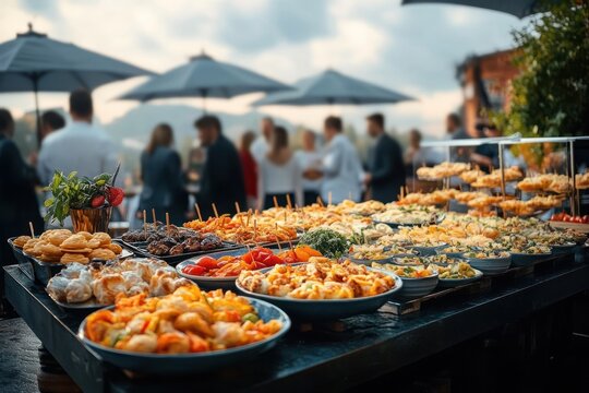 Outdoor buffet table filled with a variety of colorful appetizers and finger foods, with blurred crowd socializing under umbrellas in the background