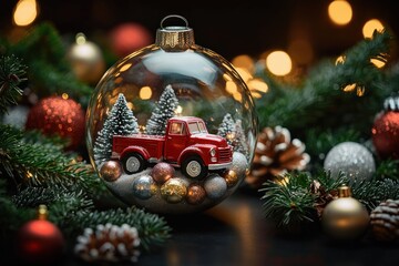 Christmas ornament with miniature red truck, snow-covered trees, and colorful baubles inside, surrounded by pine branches, pine cones, and glowing warm lights