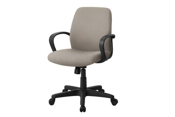 Comfortable beige office chair with black plastic armrests and rolling base, isolated on transparent background