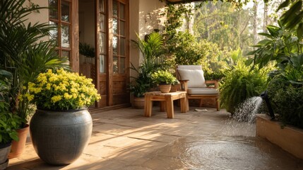 Fototapeta premium Sunlit Patio with Lush Greenery and Wooden Furniture