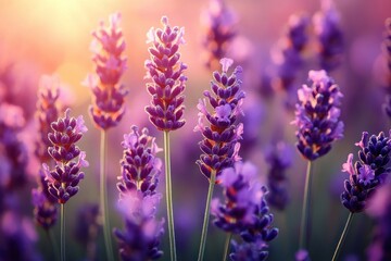 Naklejka premium Close-up of vibrant purple lavender flowers glowing in soft golden sunlight with blurred background creating warm and peaceful atmosphere