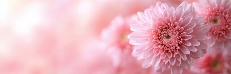 Close-up of soft pink chrysanthemum flowers with delicate petals and green centers against a blurred pink background conveying a gentle and peaceful mood
