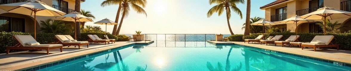 Obraz premium Sun-drenched California hotel pool, palm trees swaying in the breeze, inviting lounge chairs beckoning relaxation Escape to paradise , swim, tropical, oasis