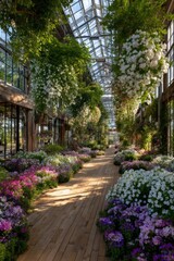 Sunlit Greenhouse Pathway with Vibrant Purple and White Flowers