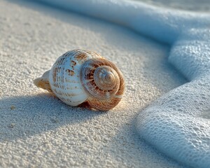 Seashell on Sandy Beach with Gentle Wave