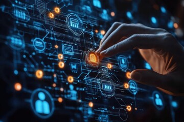 Fototapeta premium Hand interacting with a glowing digital interface displaying network connections and technology icons with a futuristic blue and orange color scheme
