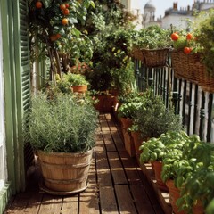 Fototapeta premium Sunlit Balcony Garden with Lush Greenery and Terracotta Pots