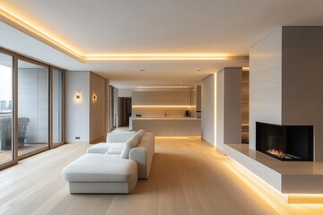 Fototapeta premium Modern minimalist open living room with beige sectional sofa, built-in fireplace, ambient lighting, large floor-to-ceiling windows, and integrated kitchen in the background