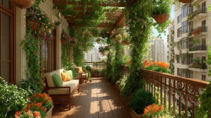 Naklejka premium Lush Balcony Garden with City View