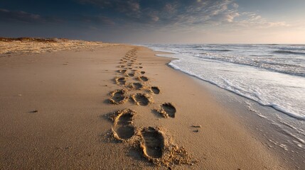 Footprints in Golden Sand Leading to Ocean Waves at Sunrise