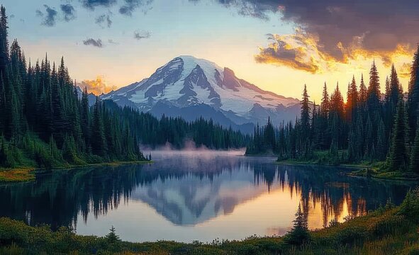 Calm lake reflecting snow-capped mountain and dense pine trees during sunset with soft mist and colorful sky
