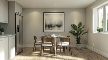 Fototapeta premium Bright airy dining space with sleek mid-century chairs and monochrome wall art, calm neutral palette, front-facing camera angle 