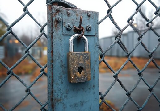 Rusty padlock secured on a weathered blue metal post attached to a chain-link fence with blurred background of an outdoor area - Powered by Adobe