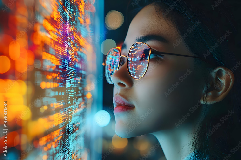 Poster close-up of a person looking at a glowing screen displaying code.