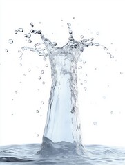 Water splash rising and droplets scattering in clear, transparent liquid against white background conveying freshness and motion