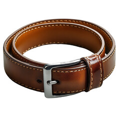 Brown Leather Belt with Silver Buckle on Transparent Background