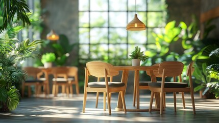 Obraz premium Bright modern interior with wooden chairs, soft pendant lighting and green plants, calm atmosphere, centered camera angle, lifestyle scene 