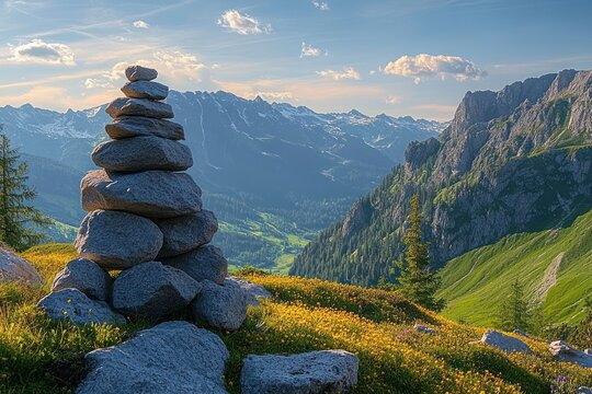 Stacked stone cairn on a grassy hillside covered with yellow wildflowers overlooking a sunlit valley and rugged mountain peaks under a blue sky with scattered clouds