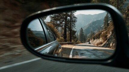 Fototapeta premium Mountain Road Reflected In Car Mirror