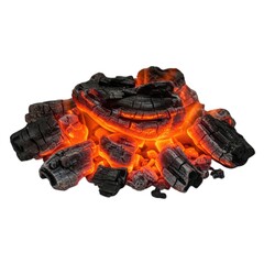 Glowing hot charcoal pile close up on white background