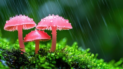 Fototapeta premium Three pink mushrooms sprout from moss in the rain