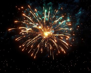Bright golden fireworks exploding against a dark night sky with sparkling trails and glowing bursts