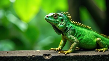 Obraz premium Vibrant Green Iguana on Dark Surface, Basking in Lush Foliage, Displaying Striking Scales and Detail