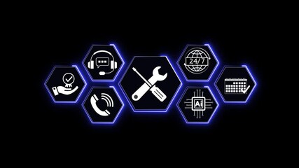 Technical support and customer service concept. gear Business professional holding tablet with icons representing customer support, troubleshooting, 24/7 service ,communication. 4k motion