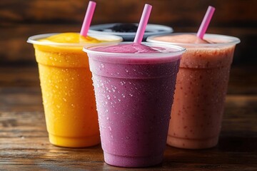 Four colorful fruit smoothies in plastic cups with pink straws on a wooden surface, condensation visible on the cups suggesting cold refreshing drinks