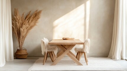 Bright interior space with soft natural light illuminating a wooden dining table, neutral walls, and simple Scandinavian decor