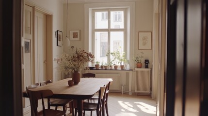 Bright interior space with soft natural light illuminating a wooden dining table, neutral walls, and simple Scandinavian decor